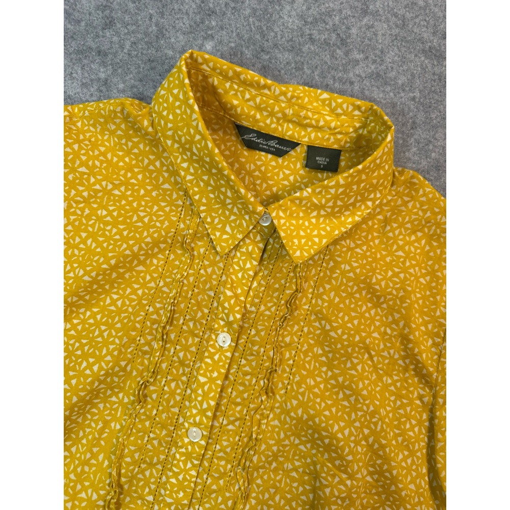 Eddie Bauer Womens Yellow Geometric Print Ruffle Button Down‎ Shirt Small